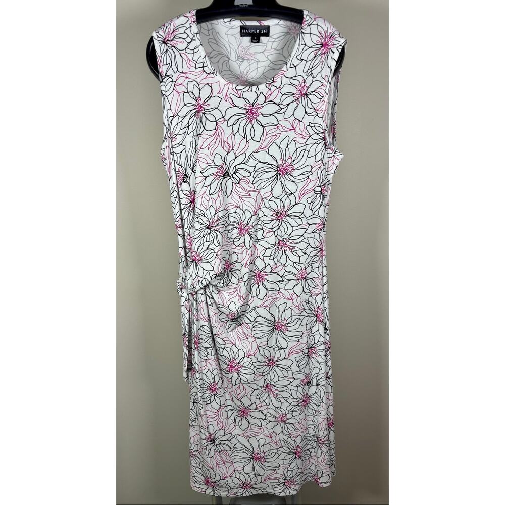 Harper 241 White, Black & Pink Floral Sleeveless Side Ruched Dress Women's L
